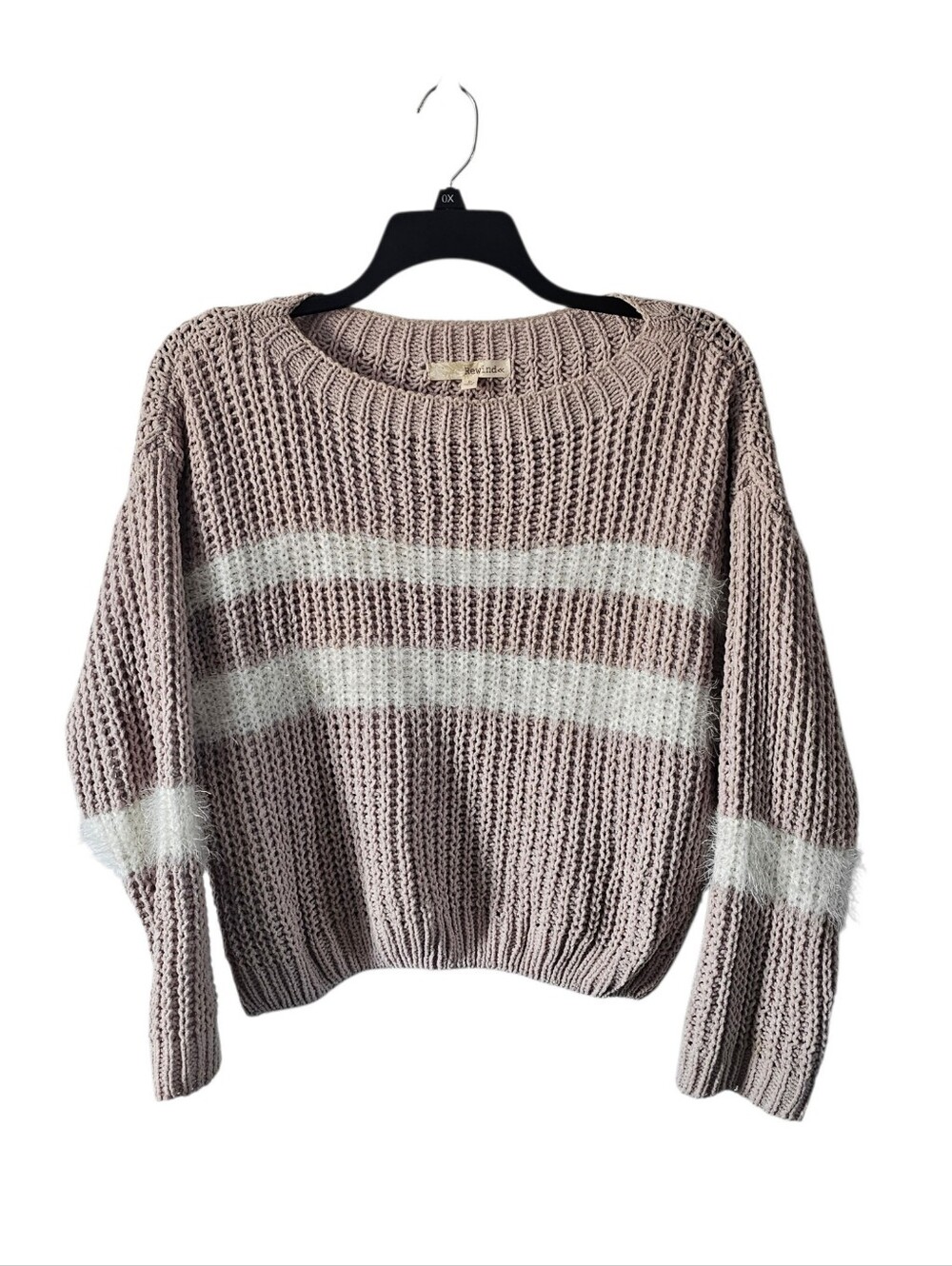Rewind Chenille Sweater Large Womens Tan Cream Striped Fuzzy Crop Open Knit Top